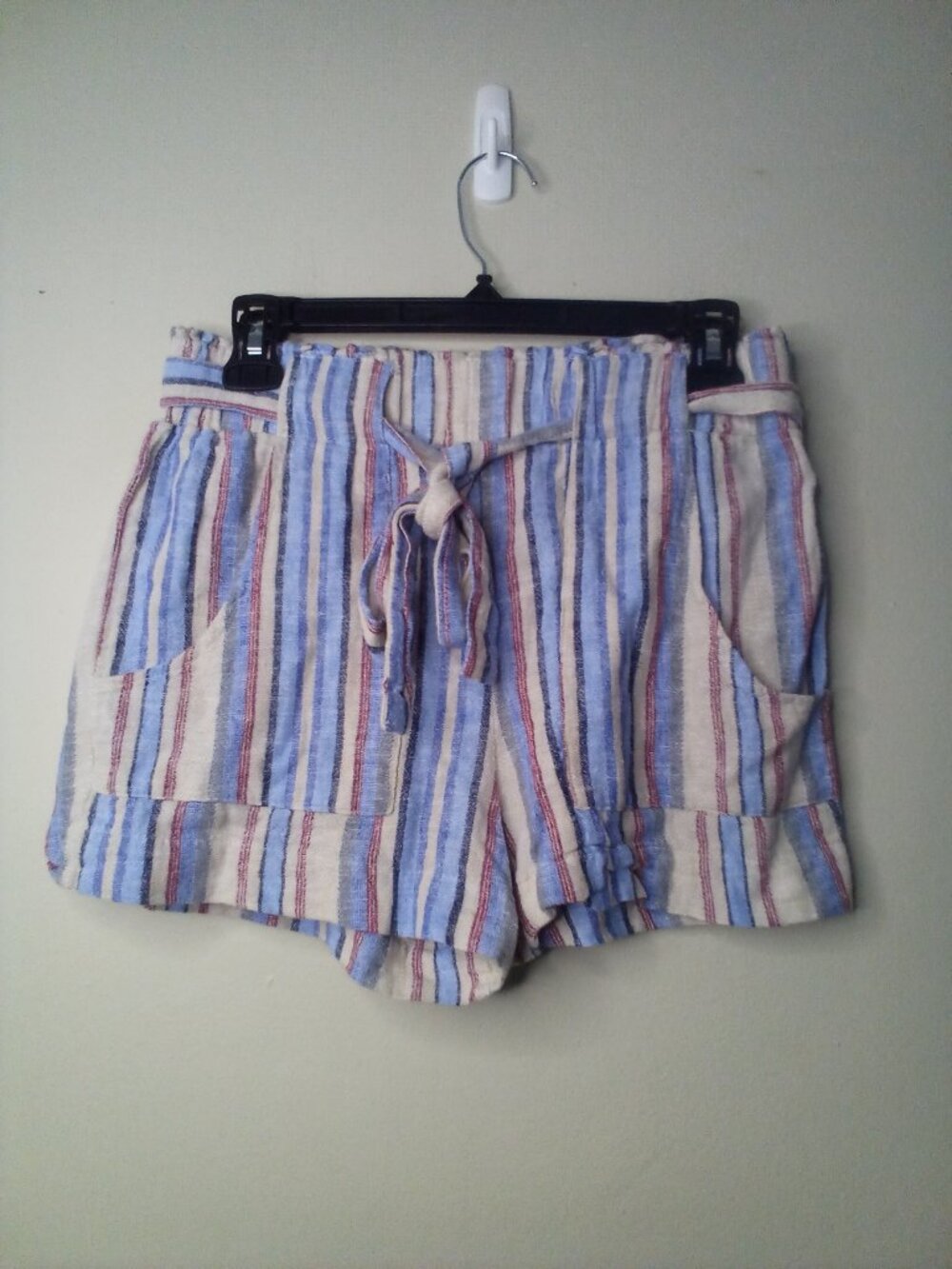 Indigo Rein Shorts Women M Linen Blend Belt Stripe Blue Tan